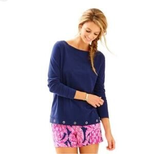 NEW Lilly Pulitzer Jojo Top Womens S Navy Blue Casual Cotton Shirt